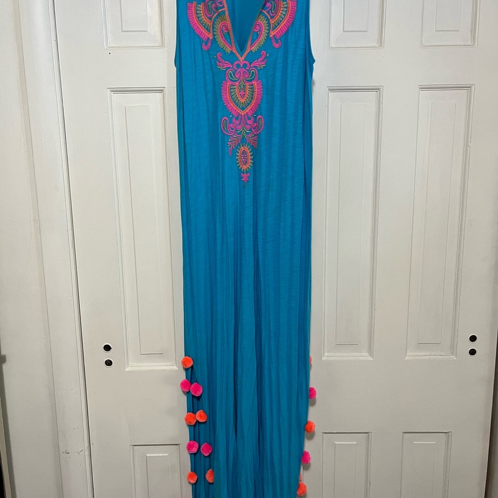 Lilly Pulitzer Turquoise beach cover up with Pink Embroidery - Picture 2 of 4